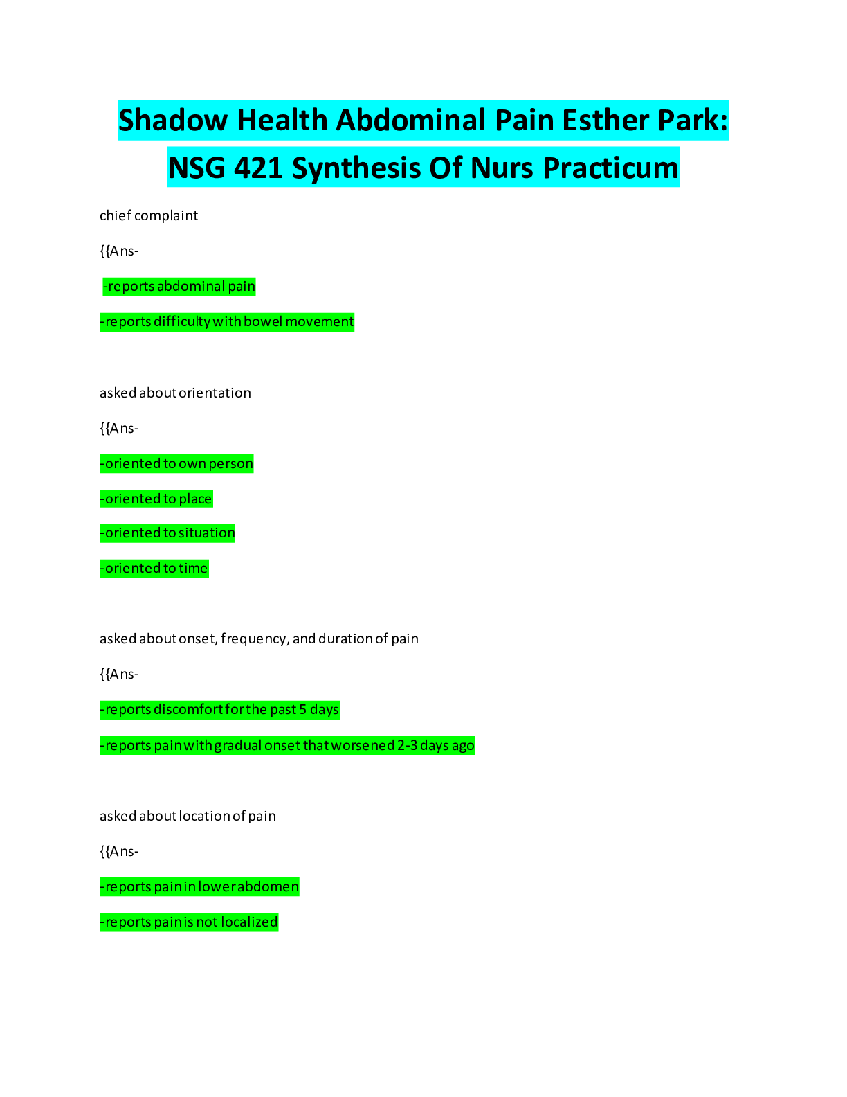 Preview of Shadow Health Abdominal Pain Esther Park: NSG 421 Synthesis Of Nurs Practicum complete Ans